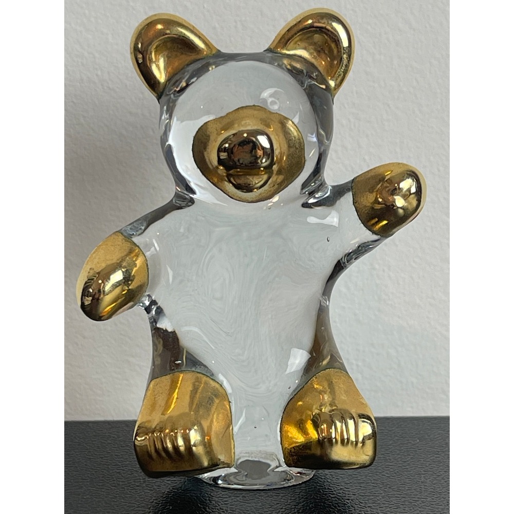 00376 - Glass Teddy Bear Figurine w/Gold‎ Accents Decoration Paperweight